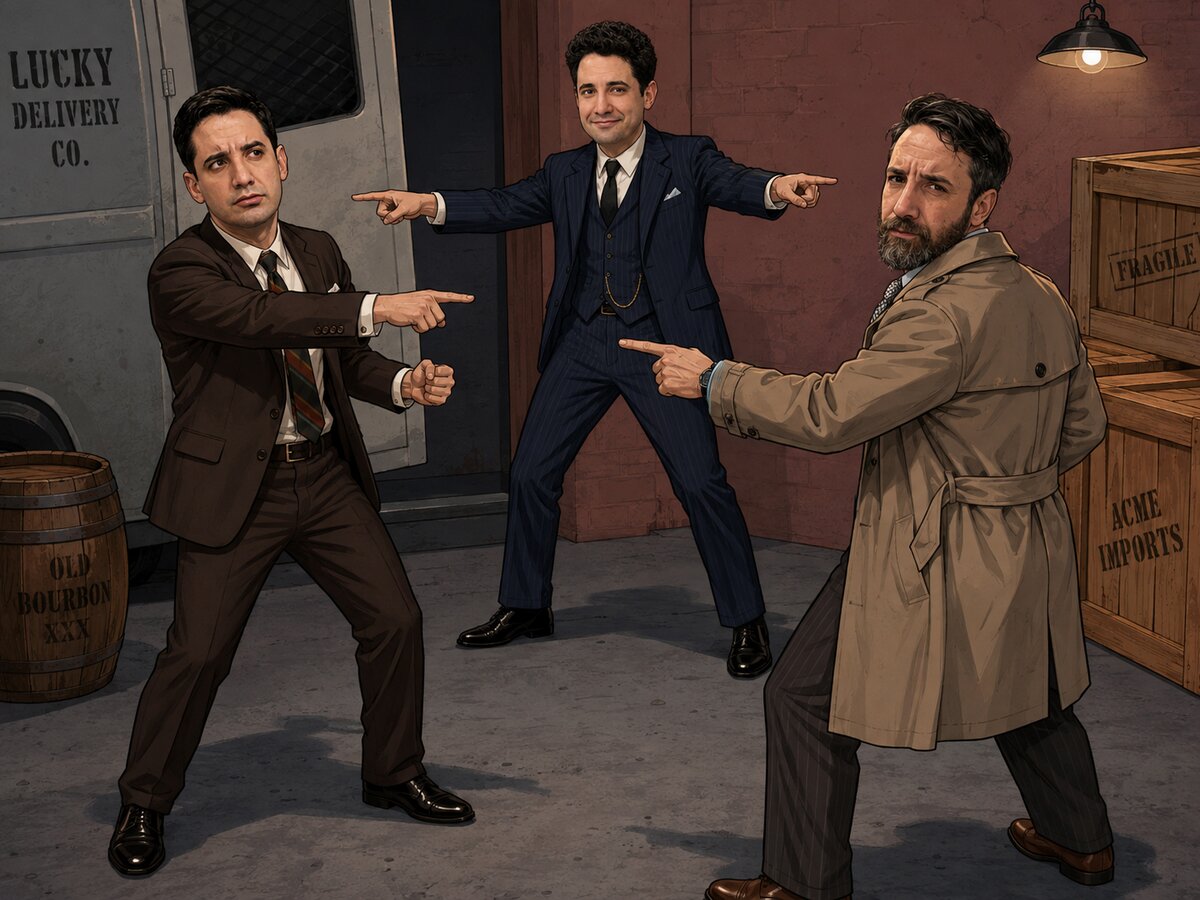 Three sharply dressed men pointing at one another in a warehouse